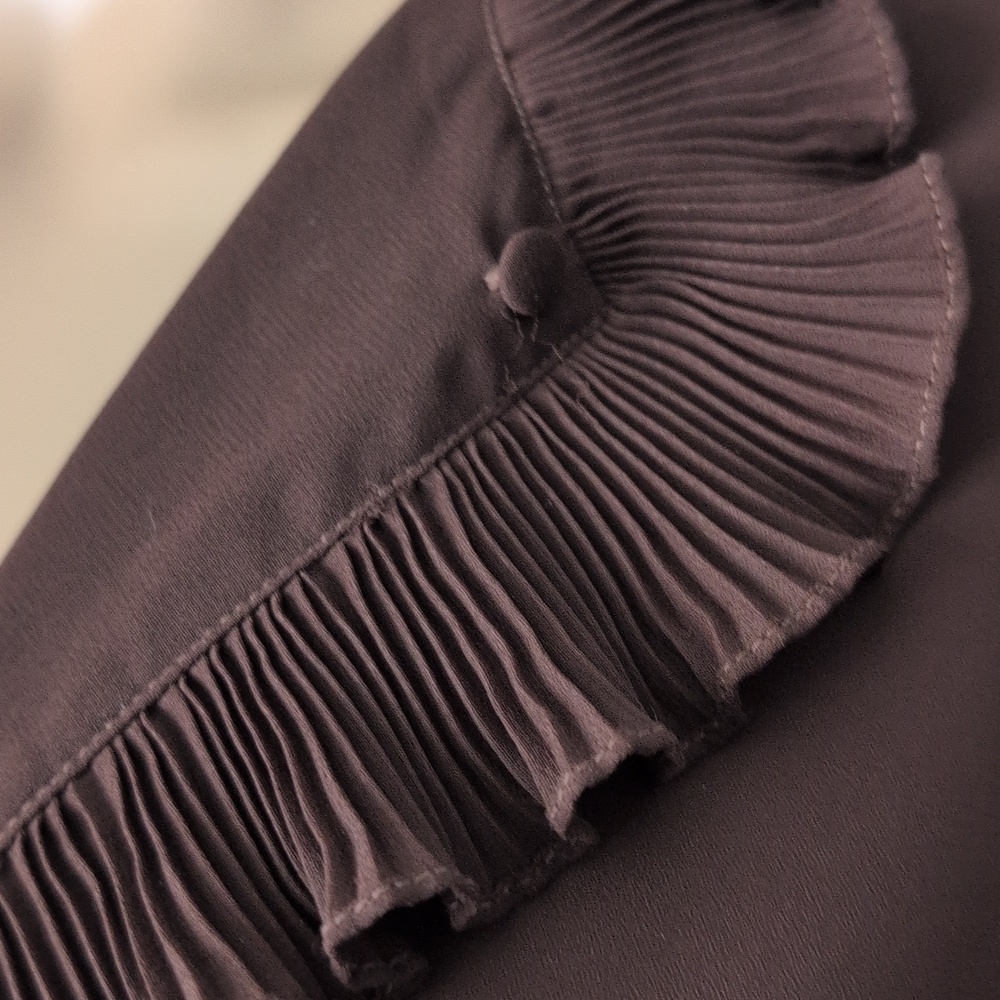 Vintage Whimsigoth Chocolate Brown Pleated Ruffled V-Neck Long Sleeve Blouse - Picture 7 of 16